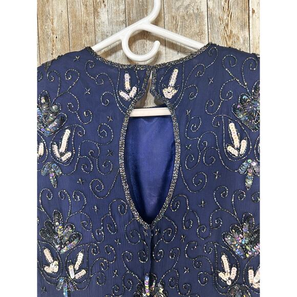 Vintage 80s Stenay Sheath Dress Womens 14 Navy Blue Silk Sequin Beaded Cocktail - Picture 7 of 7